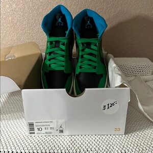 Air Jordan Mid Lucky Green, Aqua tone and Black Sneakers